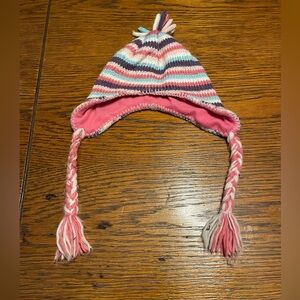 Striped Pink Earflap Knit Hat for Kids with Braided Tassels